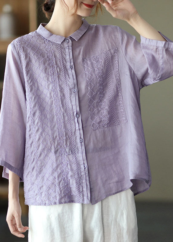 Natural Purple Peterpan Collar Button Embroideried Fall Top Long Sleeve
