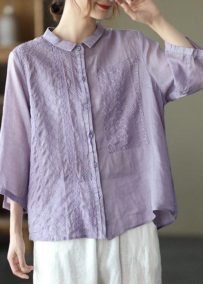 Natural Purple Peterpan Collar Button Embroideried Fall Top Long Sleeve