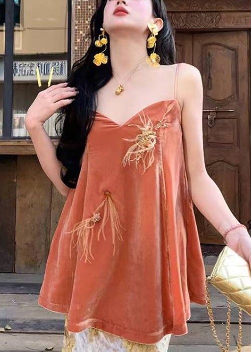 Orange V Neck Feather Nail Bead Silk Velour Spaghetti Strap Tank Sleeveless