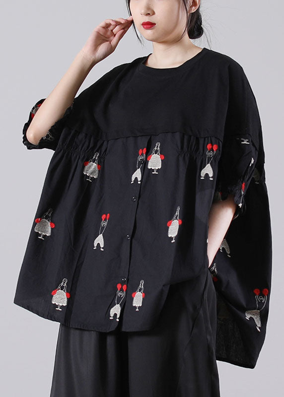 Black O-neck Embroideried Patchwork Cotton Shirts Short Sleeve