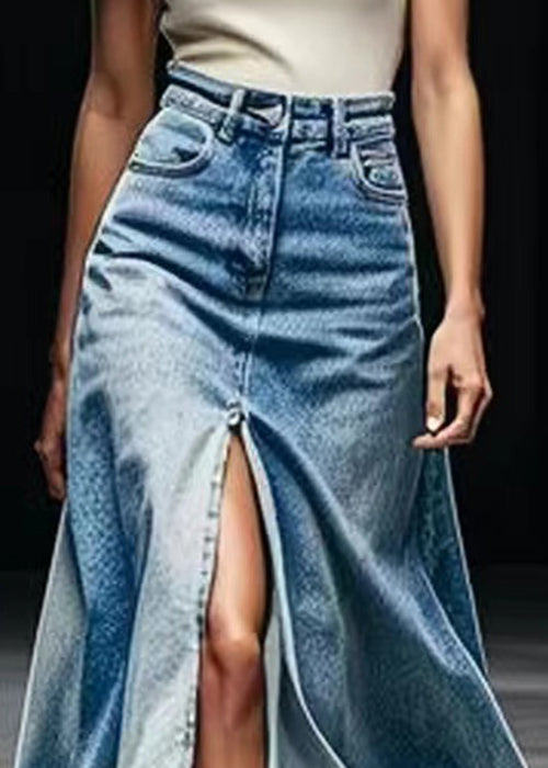 Blue Pockets Side Open Denim Maxi Skirts Summer