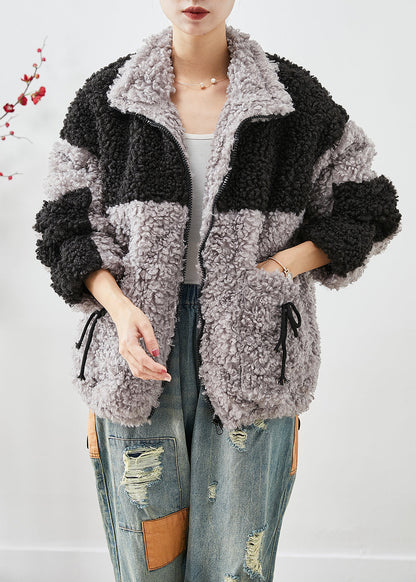 Colorblock Oversized Patchwork Pockets Fleece Jackets Winter