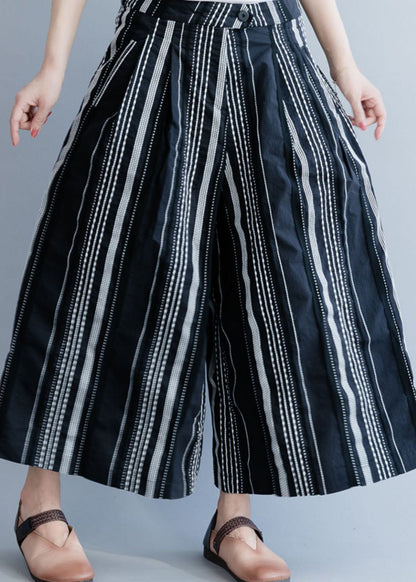 Black Striped Cotton Wide Leg Pants Spring