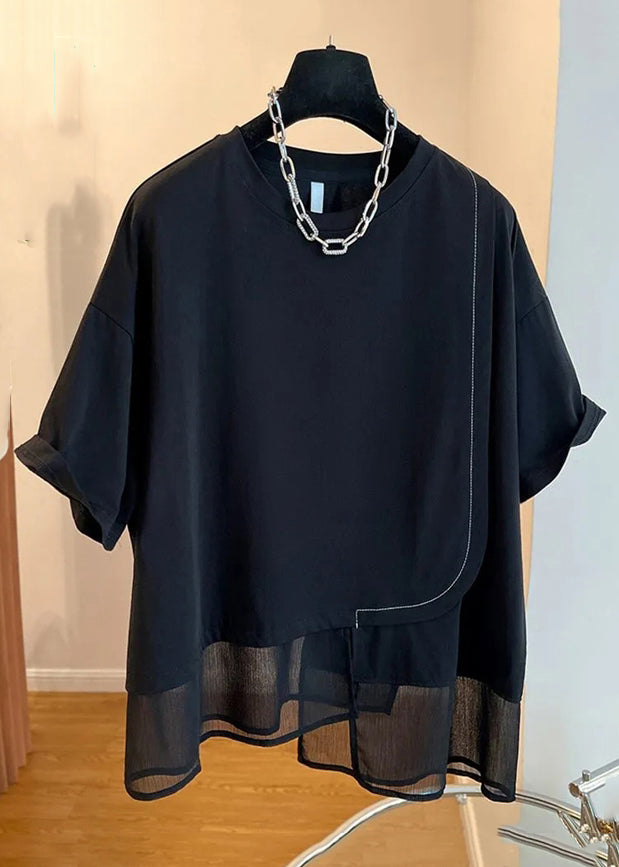 Loose Black O-neck Patchwork Cotton T Shirt Summer