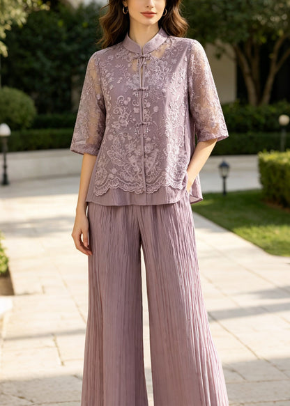 Purple Patchwork Lace Sets 2 Pieces Mandarin Collar Summer
