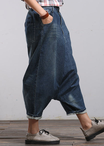 Blue Pockets Patchwork Denim Harem Pants Spring