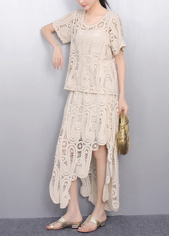Beige O-neck Lace T Shirt and Maxi Skirts Two Piece Set Short Sleeve