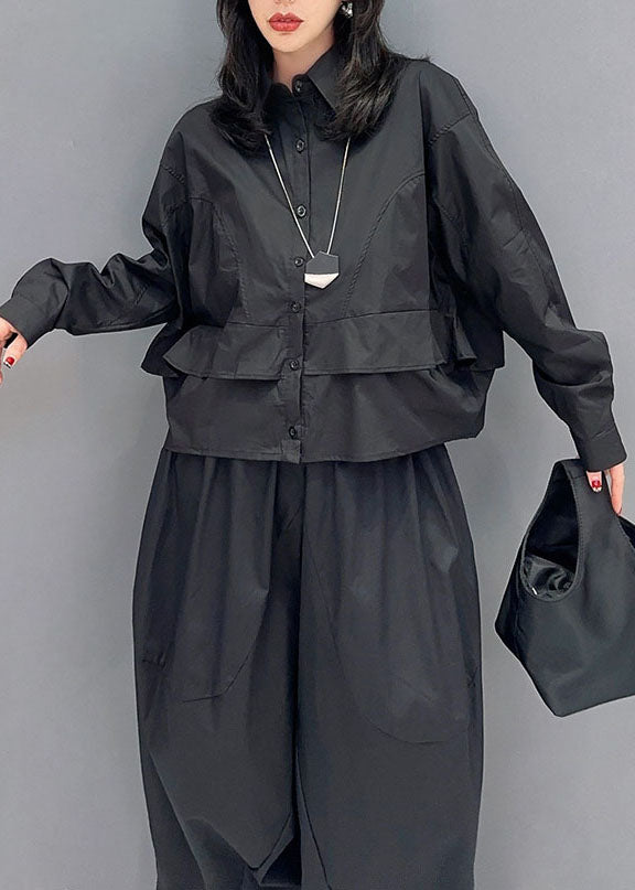 Fine Black Peter Pan Collar Patchwork Tops and Pants Cotton Two Pieces Set Spring
