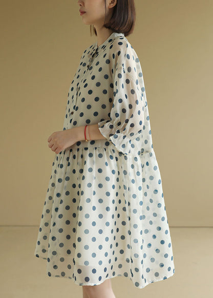 Beige O-neck Dot Print Chiffon Maxi Dresses Half Sleeve