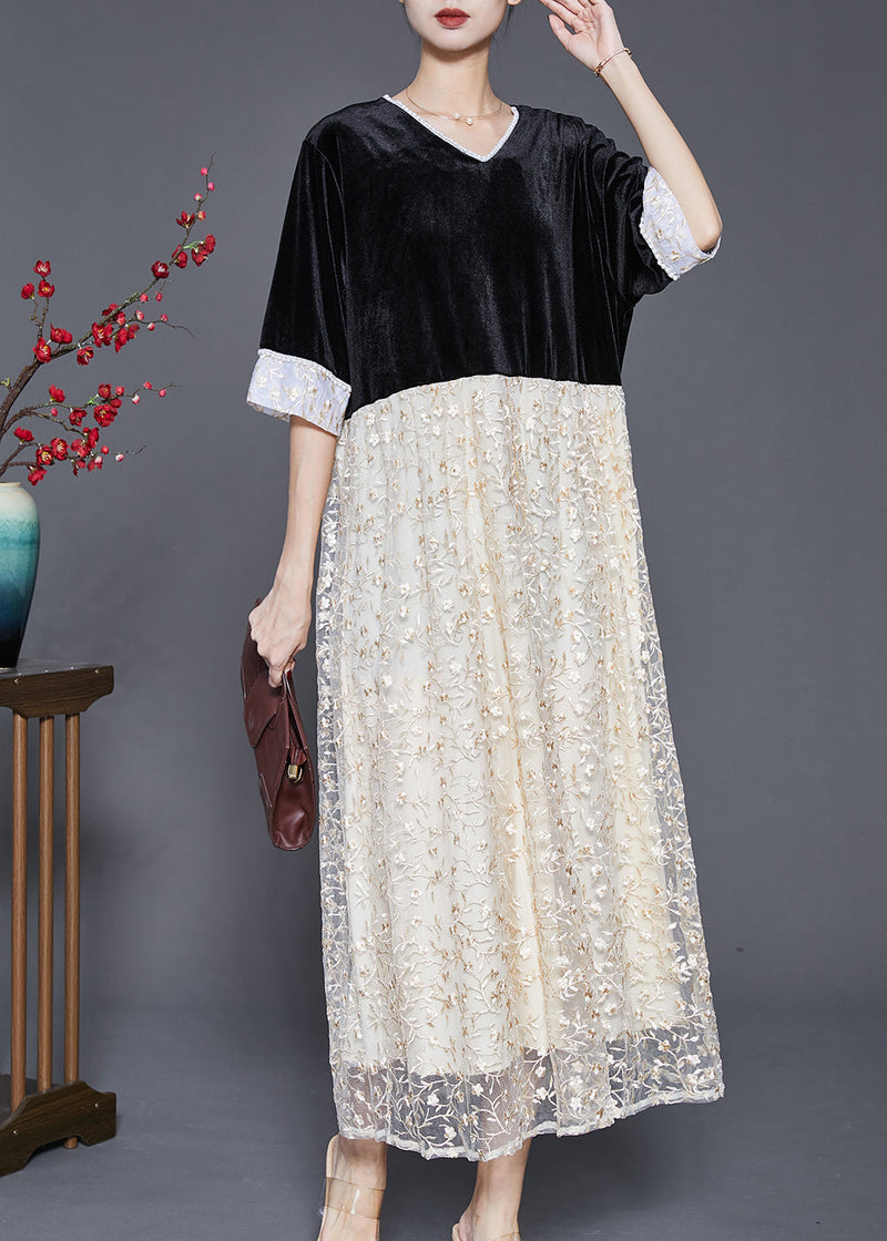 Black V Neck Patchwork Lace Silk Velour Long Dresses Half Sleeve