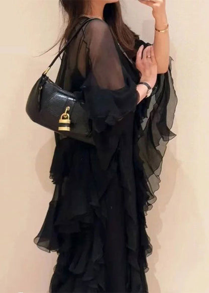 Italian Black V Neck Ruffled Two Piece Set Summer