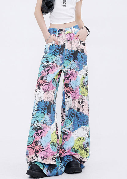 Pockets Cartoon Print Denim Wide Leg Pants Fall