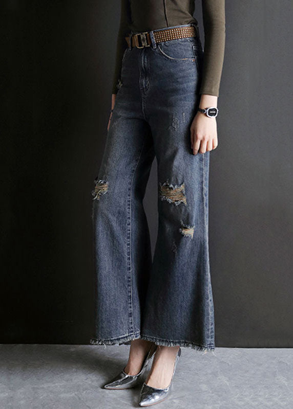 Blue High Waist Hole Pockets Cotton Denim Flare Pants Summer