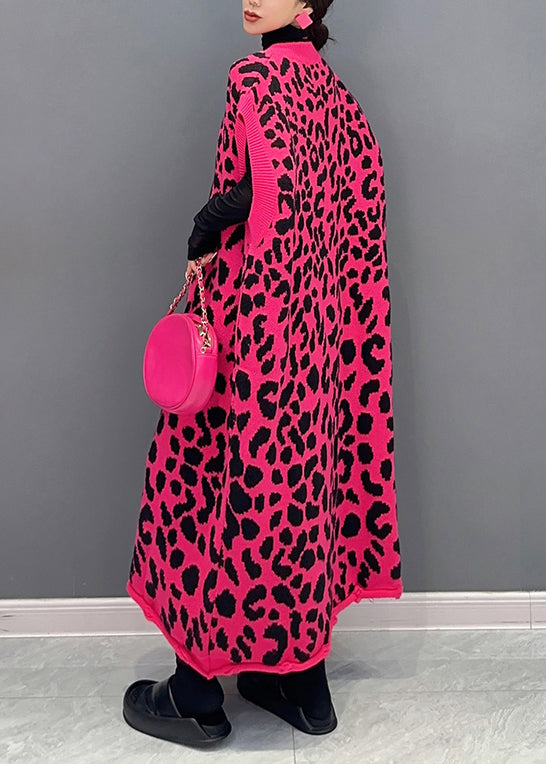Rose Leopard V Neck Cotton Knit Waistcoat Long Dresses Sleeveless