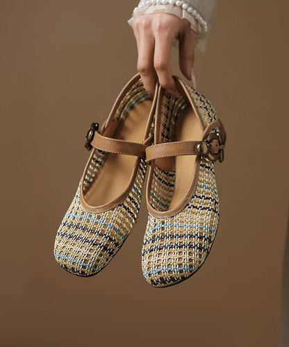 Apricot Hollow Out Breathable Woven Cowhide Leather Sandals