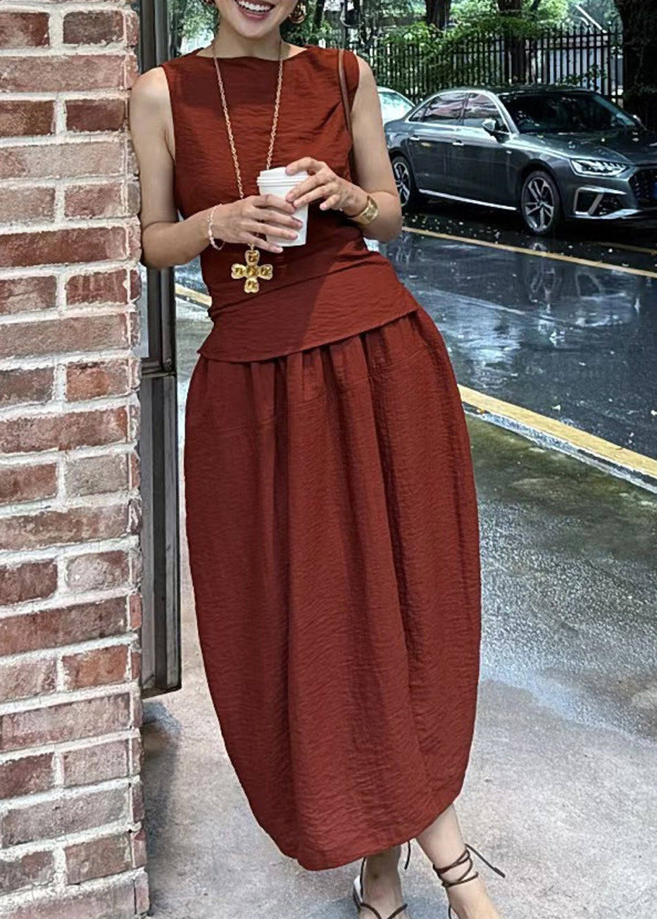 Grey O-neck Top and Maxi Skirts Two Pieces Set Summer