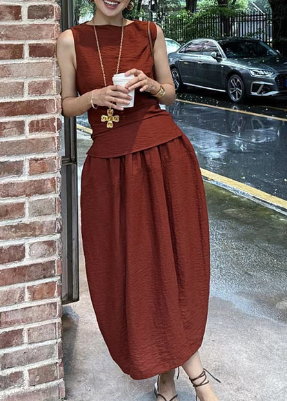Grey O-neck Top and Maxi Skirts Two Pieces Set Summer