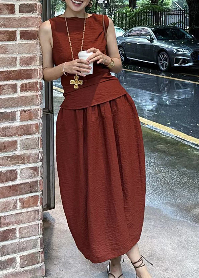 Grey O-neck Top and Maxi Skirts Two Pieces Set Summer