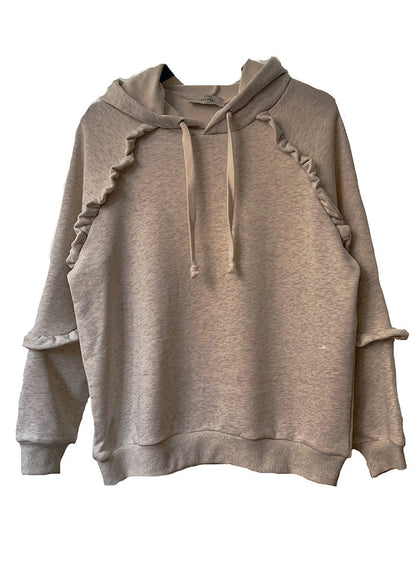 Stylish Grey Hooded Ruffled Cotton Sweatshirt Spring