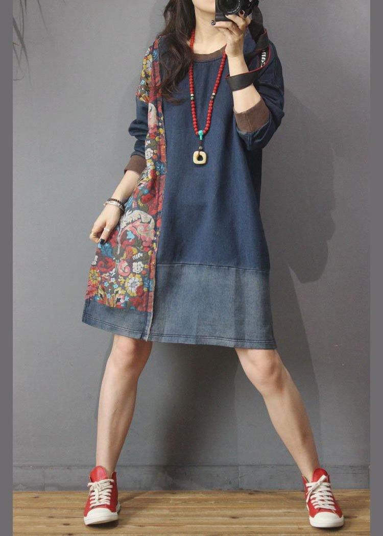 Denim Patchwork Cotton Dress Print Summer Long Dress