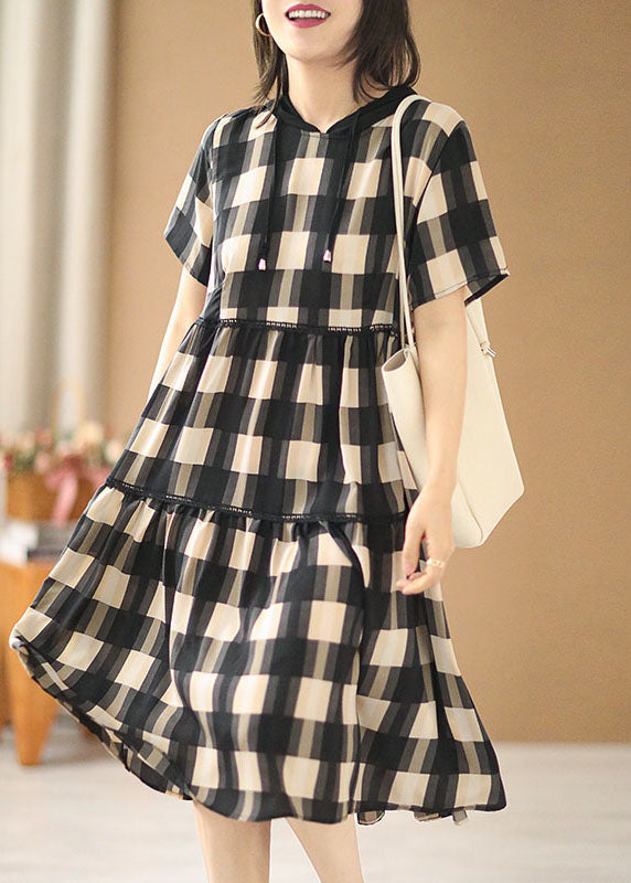 Black Beige Plaid Drawstring Hooded Patchwork Cotton Pullover Dress Short Sleeve
