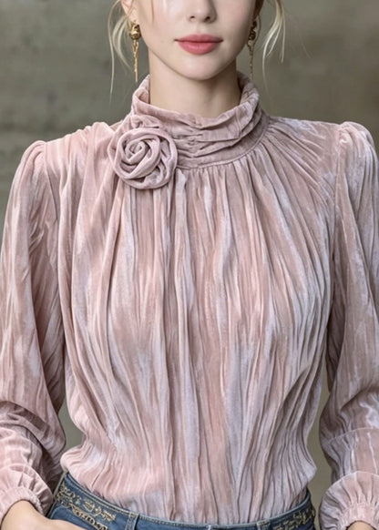 French Purple Wrinkled Velour Shirt Top Spring