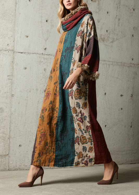 Boutique Colorblock Print Fuzzy Fur Patchwork Cotton Dress Fall