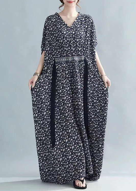 French Black Print Tie Waist Cottonlong Dress Batwing Sleeve