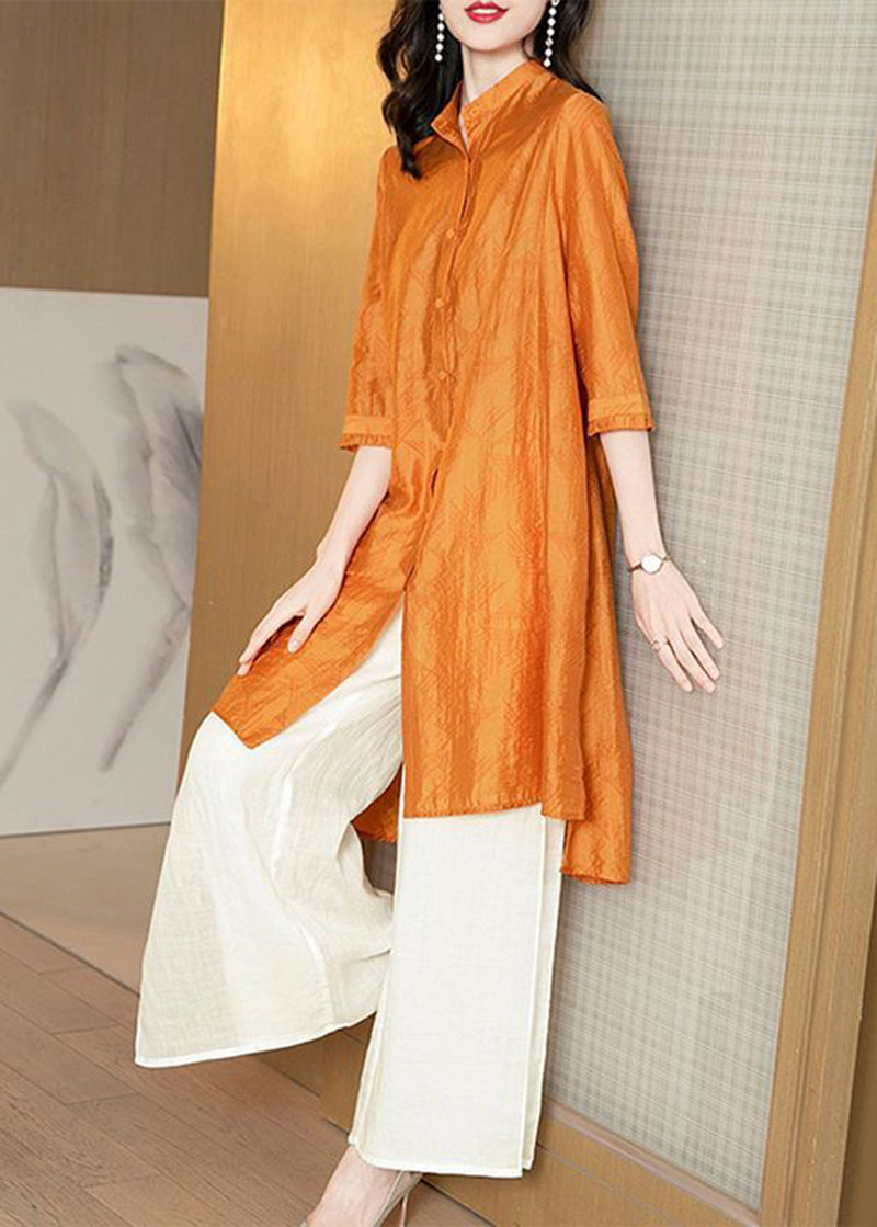Yellow Stand Collar Oversized Silk Two Pieces Set Summer