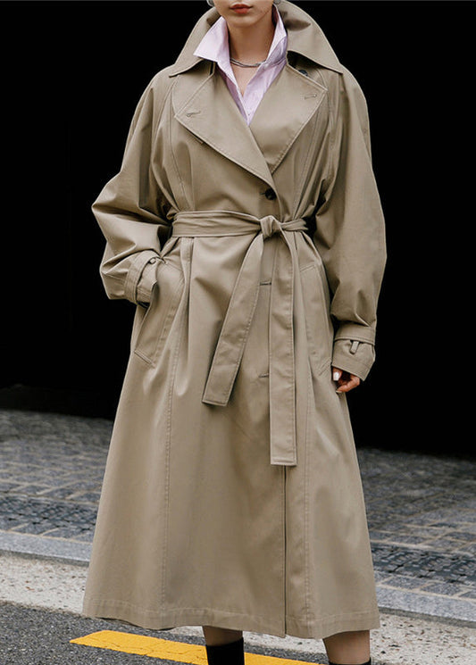 Khaki Peter Pan Collar Tie Waist Button Pockets Cotton Trench Coats Long Sleeve Fall