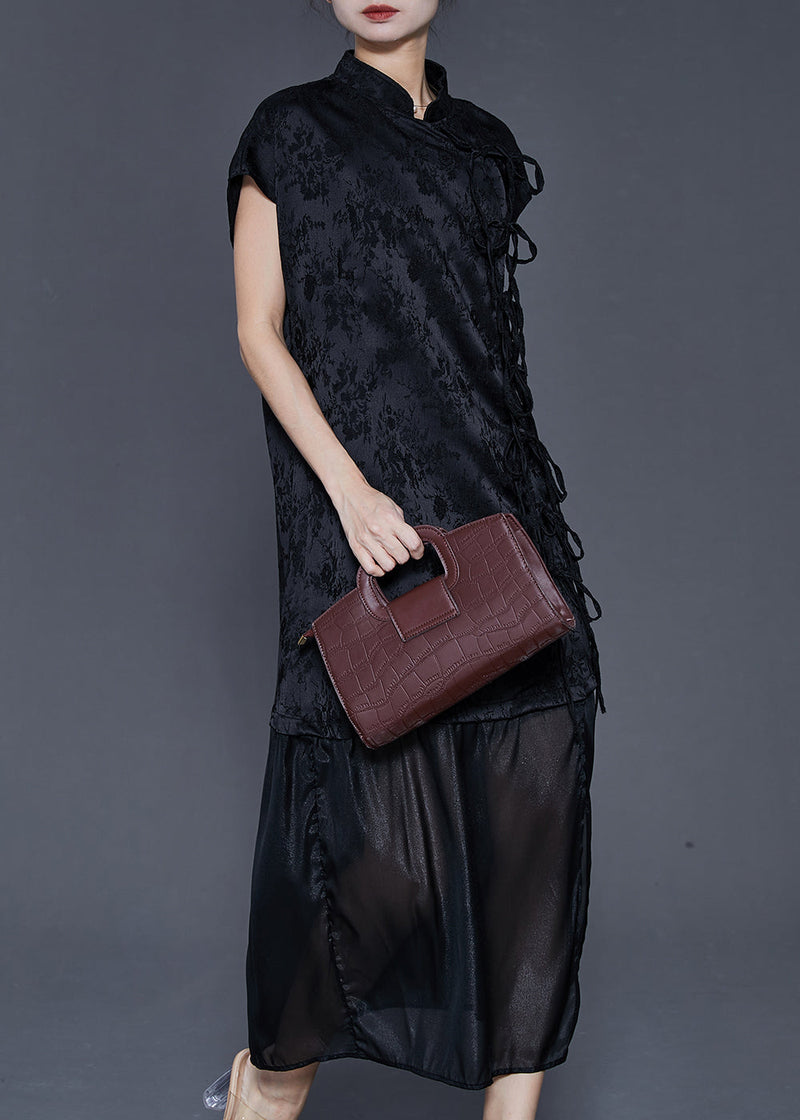 Black Jacquard Patchwork Bow Silk Dress Summer