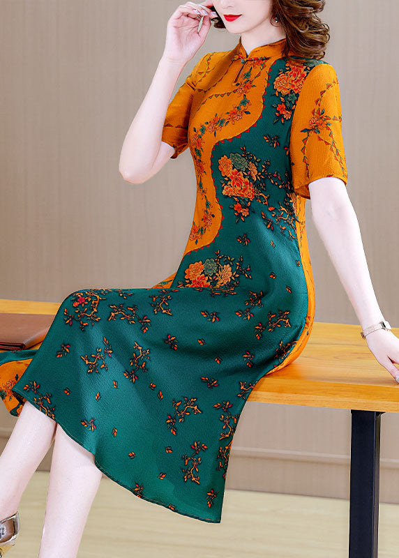 Boutique Colorblock Mandarin Collar Print Silk a Line Dresses Short Sleeve