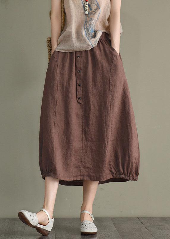 Khaki Linen Elastic Waist Button Skirt