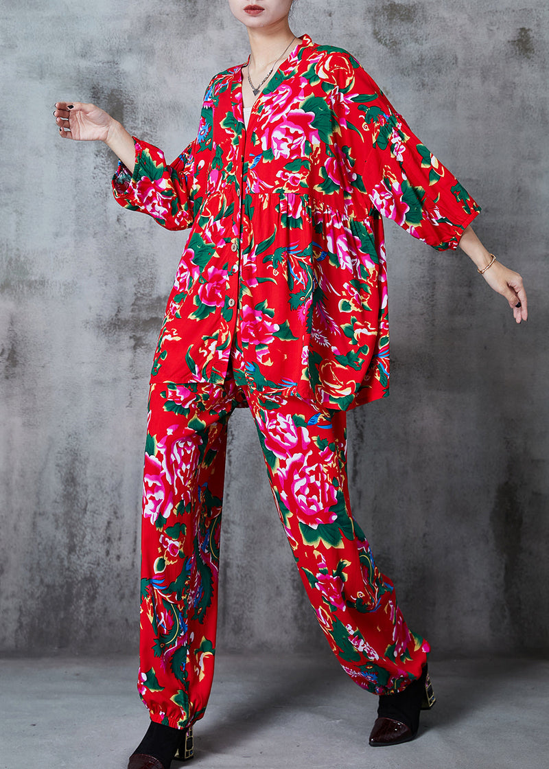 Red Oversized Print Cotton Two Piece Suit Set Summer