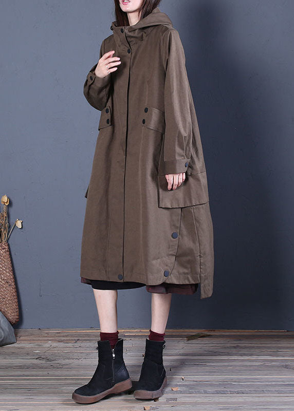 Coffee Loose Zippered Button Fall Hoodie Coat Trench Coats