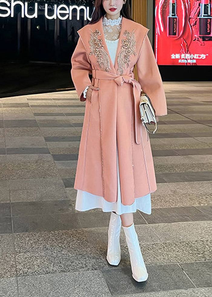 Orange Pink Embroideried Decorated Tie Waist Woolen Coats Fall