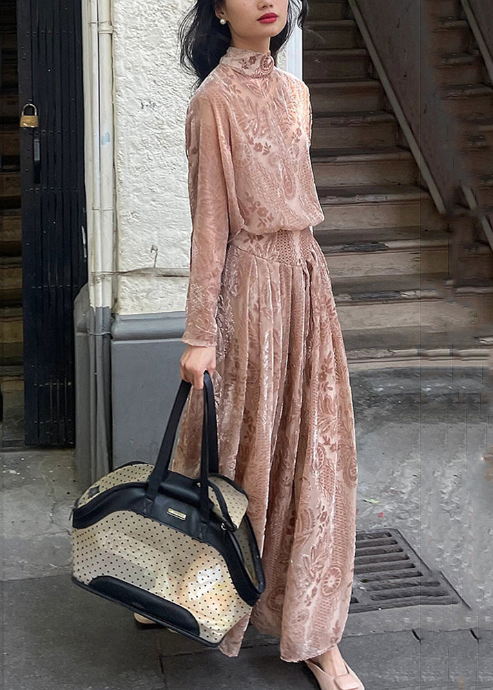 French Turtleneck Print Flattering Silk Velour Long Dresses Spring
