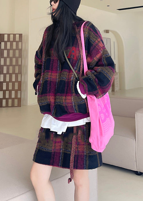 Loose Purple Plaid Pockets Tops and Skirts Wool Two Pieces Set Spring