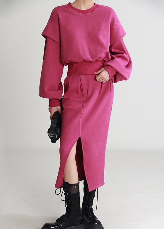 Rose O Neck Side Open Cotton Two Pieces Set Long Sleeve