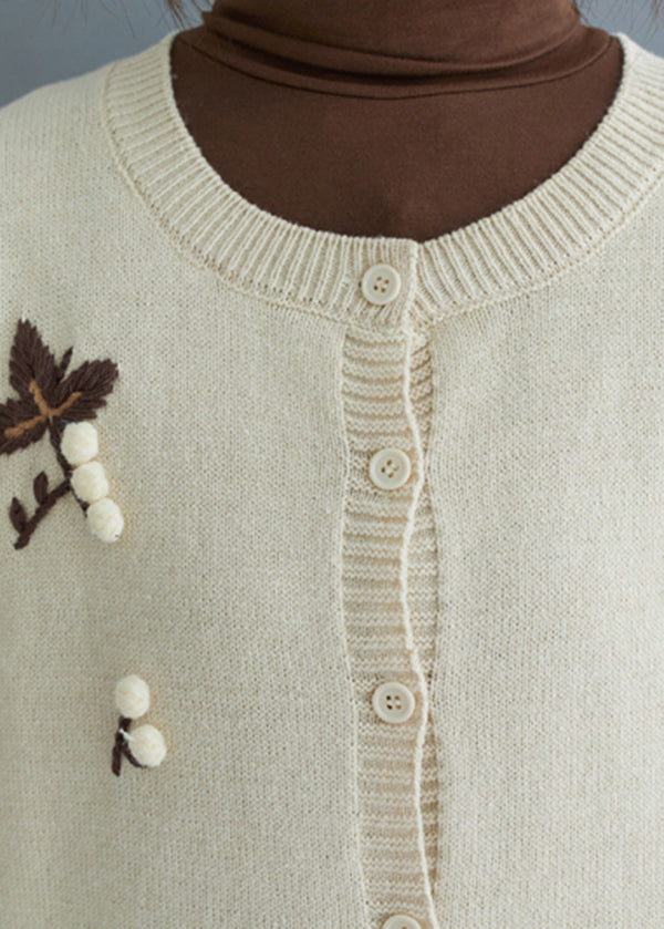 Handmade Beige Embroideried Knit Cardigan Winter