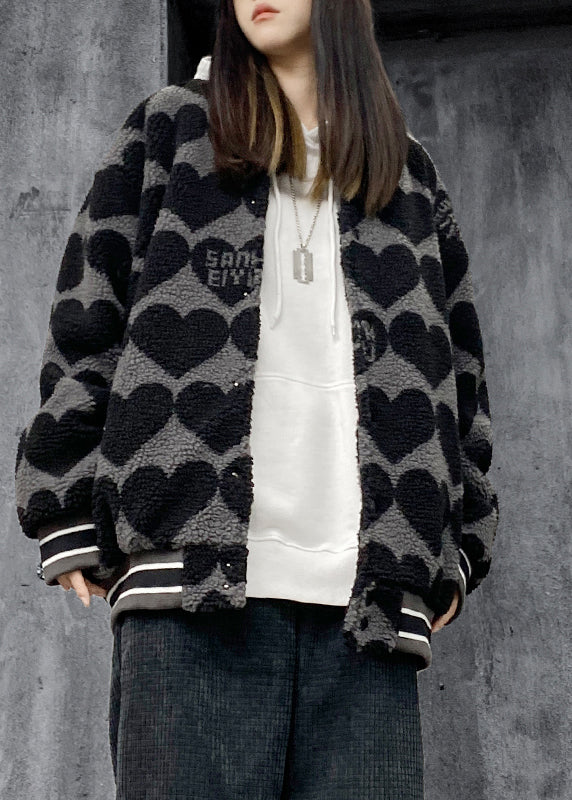 Black Print Pockets Patchwork Faux Fur Cotton Filled Jackets Winter