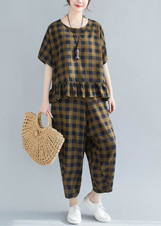 Loose Army Green O-neck Ruffles Plaid Two Pieces Set Short Sleeve