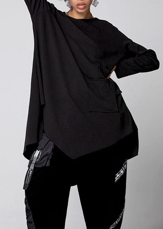 Black Asymmetrical Pockets Cotton Shirt Spring