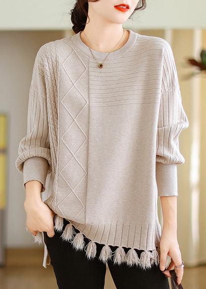 Beige O-neck Tasseled Cotton Knit Tops Long Sleeve