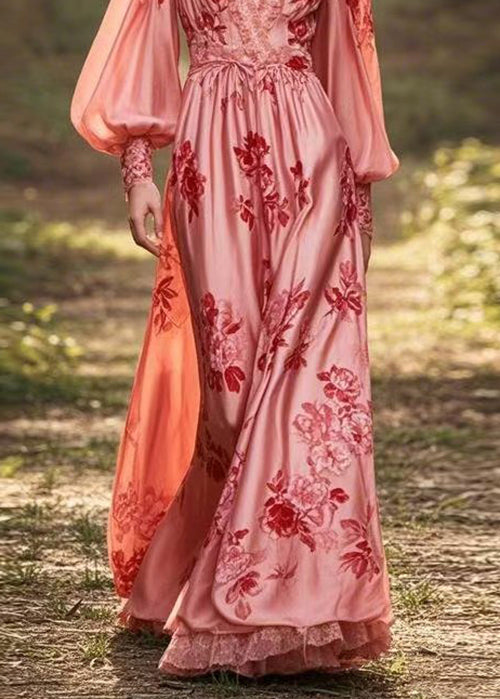 Stylish Pink V Neck Print Silk Dresses Lantern Sleeve Spring