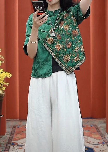 Green Mandarin Collar Asymmetrical Embroideried Silk Shirts Half Sleeve