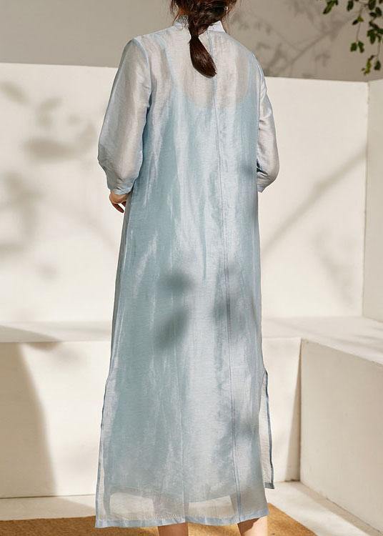 Blue Side Open Embroideried Summer Linen Vacation Dresses Half Sleeve