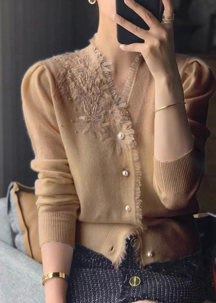 White V Neck Tasseled Embroidered Woolen Cardigan Fall