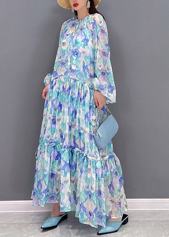 O-neck Drawstring Wrinkled Print Chiffon Long Dresses Lantern Sleeve