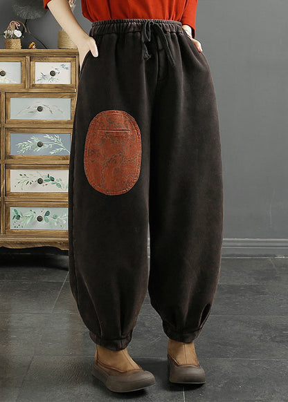Coffee Pockets Elastic Waist Thick Warm Fleece Pants Winter
